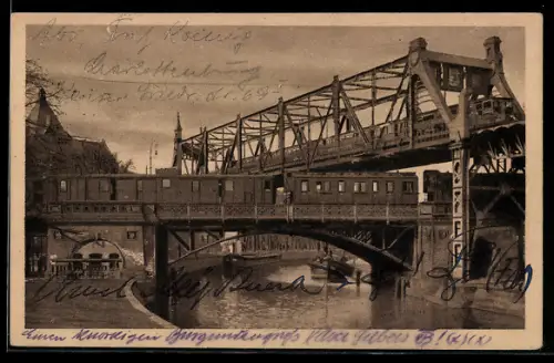 AK Berlin-Kreuzberg, Hochbahn und Schiff auf dem Kanal, Gleisdreieck