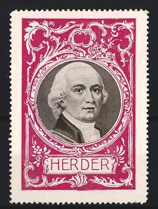 Reklamemarke Johann Gottfried Herder, Porträt mit floralem Rahmen