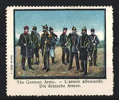 Reklamemarke Die deutsche Armee, Soldatengruppe in Uniform im Freien