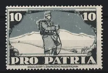 Reklamemarke Pro Patria, Soldat in Uniform mit Gewehr vor Berglandschaft