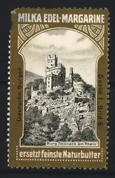 Reklamemarke Burg Sooneck am Rhein, Milka, Edel-Margarine, Burgansicht