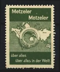 Reklamemarke Metzeler, Metzeler Premium, Autoreifen, Weltkarte mit Reifen