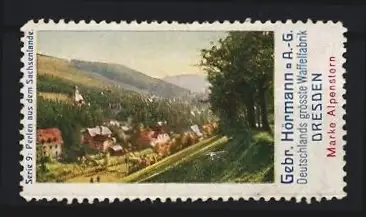 Reklamemarke Dresden, Gebr. Hörmann A.-G., Waffelfabrik, Landschaftsansicht
