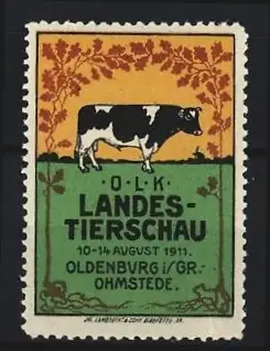 Reklamemarke Oldenburg, O.L.K. Landestierschau 1911, Kuh und Landschaft