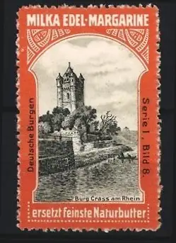 Reklamemarke Burg Crass am Rhein, Milka, Edel-Margarine, Burgansicht