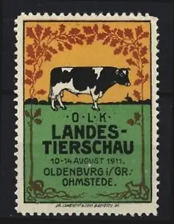Reklamemarke Oldenburg, O.L.K. Landestierschau 1911, Kuh und Eichenlaub