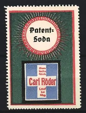 Reklamemarke Lauf bei Nürnberg, Carl Röder, Bleichmittel, Patent-Soda, Kreuz-Symbol