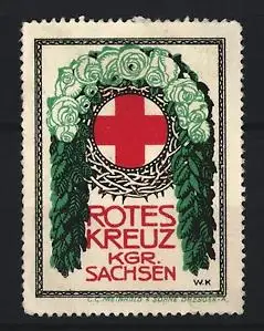 Reklamemarke Kgr. Sachsen, Rotes Kreuz, Rotes Kreuz mit Blumenkranz