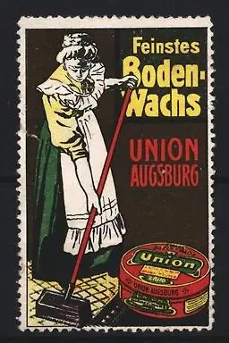 Reklamemarke Augsburg, Bodenwachs, Frau beim Bohnern