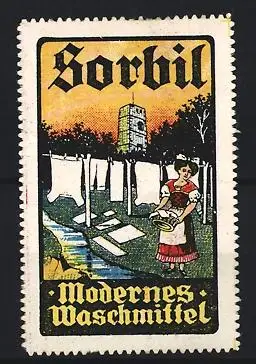 Reklamemarke Sorbil, Waschmittel, Frau mit Wäscheleine