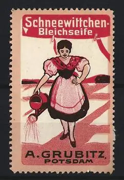 Reklamemarke Potsdam, A. Grubitz, Schneewittchen Bleichseife, Frau mit Giesskanne