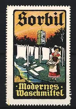 Reklamemarke Sorbil, Waschmittel, Wäscherin und Wäscheleinen