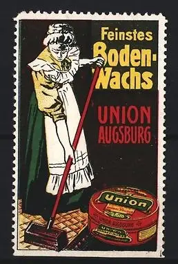 Reklamemarke Augsburg, Bodenwachs, Frau beim Bohnern