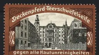 Reklamemarke Steckenpferd, Teerschwefelseife, Gebäudeansicht