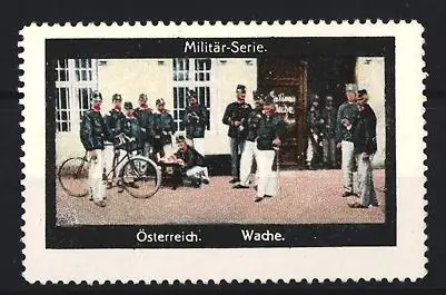 Reklamemarke Österreich, Militär-Serie, Gruppe von Wachsoldaten vor Gebäude