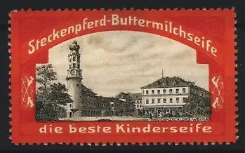 Reklamemarke Steckenpferd-Buttermilchseife, Ortsansicht mit Turm
