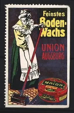 Reklamemarke Augsburg, Union Augsburg, Boden-Wachs, Frau beim Wachsen