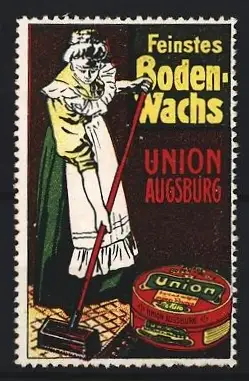 Reklamemarke Augsburg, Union Augsburg, Bodenwachs, Frau beim Bohnern