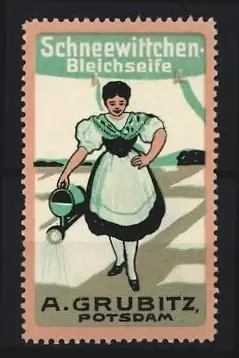 Reklamemarke Potsdam, A. Grubitz, Schneewittchen Bleichseife, Frau mit Giesskanne