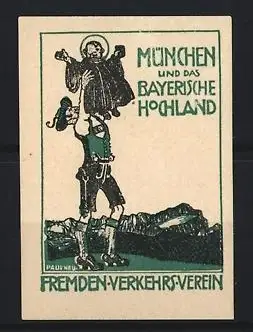 Reklamemarke München, Fremden-Verkehrs-Verein, Bergsteiger mit Münchner Kindl