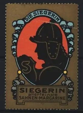 Reklamemarke Die Siegerin, Sahnen-Margarine, Kriegerhelm-Silhouette