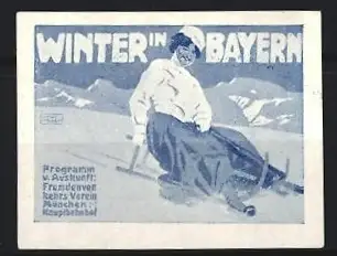 Reklamemarke München, Fremdenverkehrsverein, Schlittenfahrerin im Winter