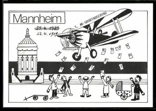 AK Mannheim, 3. AK-Grosstauschetag 1989, Flugzeug wirft Ansichtskarten ab