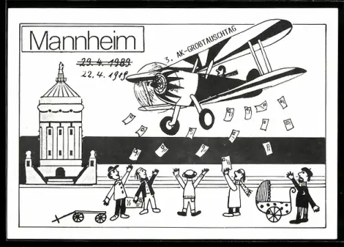 AK Mannheim 3. Ansichtskarten-Grosstauschtag 1989, Flugzeug wirft Ansichtskarten ab