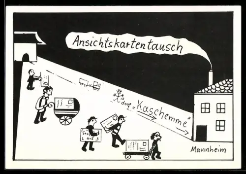 AK Mannheim, Ansichtskartentausch in der Kaschemme im Hauptbahnhof 1986