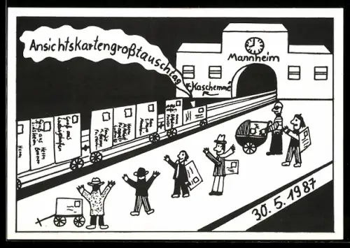 AK Mannheim, 1. Ansichtskarten-Grosstauschtag in Mannheim 1987 in der Kaschemme im Hauptbahnhof, Ansichtskartenbörse