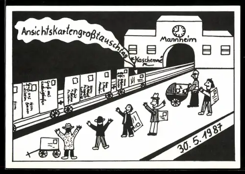 AK Mannheim, 1. Ansichtskarten-Grosstauschtag in Mannheim 1987 in der Kaschemme im Hauptbahnhof, Ansichtskartenbörse