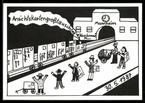 AK Mannheim, 1. Ansichtskarten-Grosstauschtag in Mannheim 1987 in der Kaschemme im Hauptbahnhof, Ansichtskartenbörse
