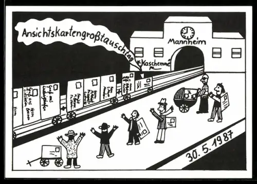 AK Mannheim, 1. Ansichtskarten-Grosstauschtag in Mannheim 1987 in der Kaschemme im Hauptbahnhof, Ansichtskartenbörse