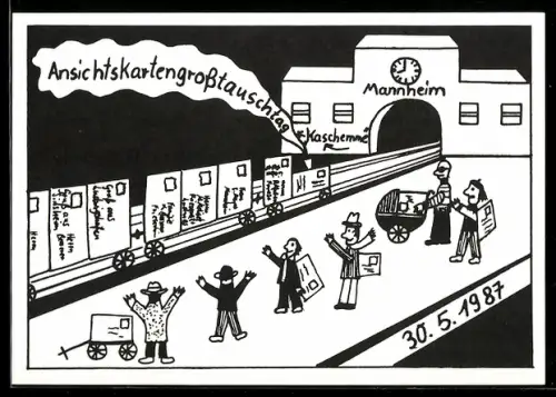 AK Mannheim, 1. Ansichtskarten-Grosstauschtag in Mannheim 1987 in der Kaschemme im Hauptbahnhof, Ansichtskartenbörse
