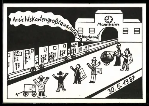 AK Mannheim, 1. Ansichtskarten-Grosstauschtag in Mannheim 1987 in der Kaschemme im Hauptbahnhof, Ansichtskartenbörse