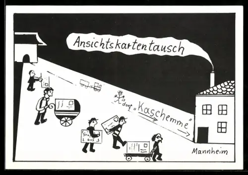 AK Mannheim, Ansichtskartentausch in der Kaschemme im Hauptbahnhof 1986