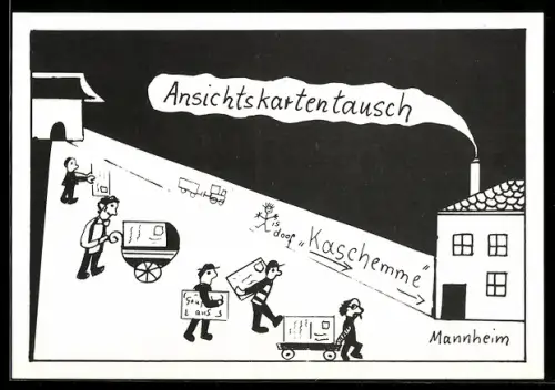 AK Mannheim, Ansichtskartentausch in der Kaschemme im Hauptbahnhof 1986