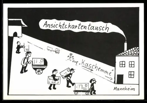 AK Mannheim, Ansichtskartentausch in der Kaschemme im Hauptbahnhof 1986