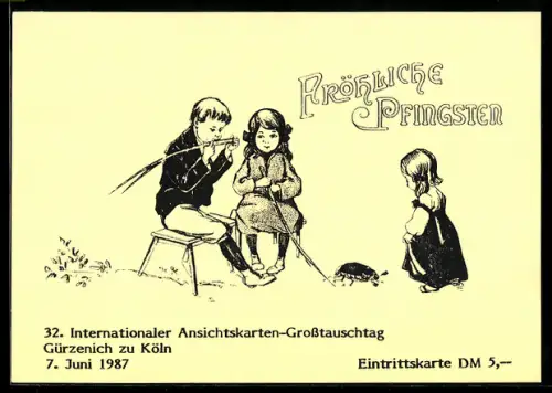 AK Köln, 32. Sammler- und Ansichtskartenbörse im Gürzenich im Jahr 1987, Kinder spielen mit Stöcken