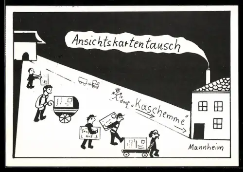 AK Mannheim, Ansichtskartentausch in der Kaschemme im Hauptbahnhof 1986, Sammler mit Ansichtskarten