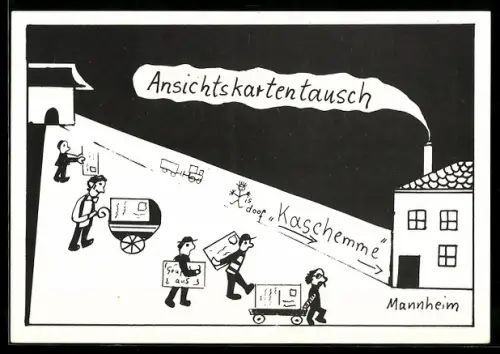 AK Mannheim, Ansichtskartentausch in der Kaschemme im Hauptbahnhof 1986, Sammler mit Ansichtskarten