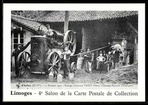 AK Limoges, 4e Salon de la Carte Postale de Collection 1986, Chalus, Battage Limousin Treny Frères à Champs-Romain