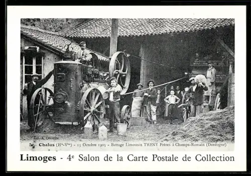 AK Limoges, 4e Salon de la Carte Postale de Collection 1986, Chalus, Battage Limousin Treny Frères à Champs-Romain