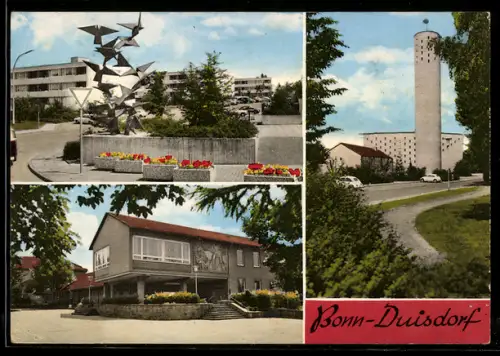 AK Bonn-Duisdorf, Plastik mit Blumenbeeten, Wohnsiedlung, Rundturm