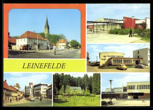 AK Leinefelde /Worbis, HO-Gaststätte Stadt Leinefelde, Hallenbad, HO-Gaststätte Eichsfelder Hof, Kaufhaus Magnet