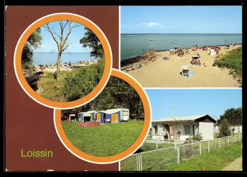 AK Loissin /Greifswald, Strand mit Strandkörben, Zeltplatz, Bungalowsiedlung