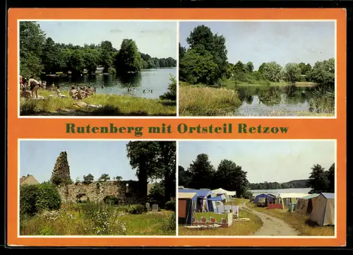 AK Rutenberg-Retzow /Templin, Badestelle, Kirchruine, Zeltplatz Rehberge