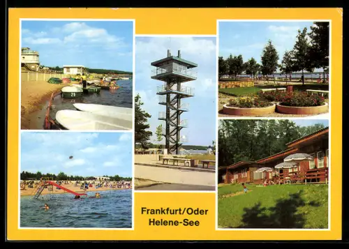 AK Frankfurt /Oder, Helene-See, Turm am Oststrand, Strand, Bungalow-Siedlung