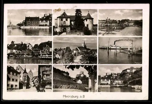 AK Meersburg a. B., Burg, Hafen mit Dampfschiff, Strassenpartie