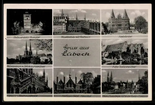 AK Lübeck, Holstentor, Marktplatz mit Rathaus, Heiligen-Geist-Hospital